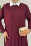 Çizgili Pliseli Triko Elbise 0010 - BORDO