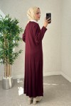 Çizgili Pliseli Triko Elbise 0010 - BORDO