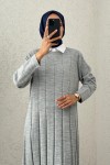 Çizgili Pliseli Triko Elbise 0010 - GRİ