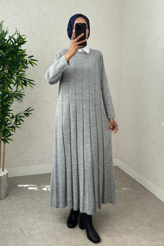 Çizgili Pliseli Triko Elbise 0010 - GRİ