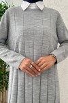 Çizgili Pliseli Triko Elbise 0010 - GRİ