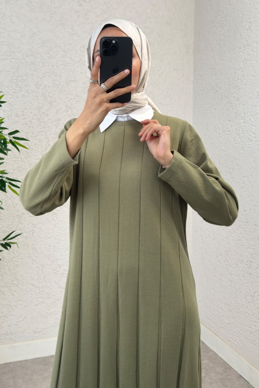 Çizgili Pliseli Triko Elbise 0010 - HAKİ