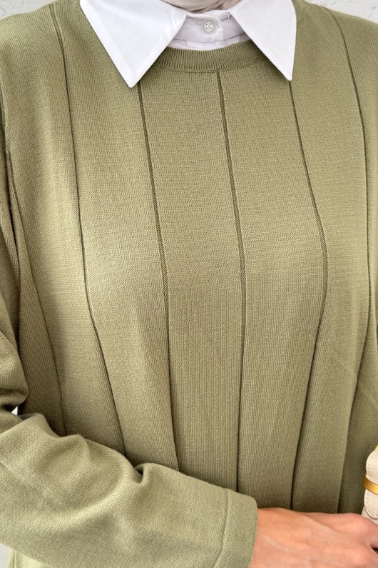 Çizgili Pliseli Triko Elbise 0010 - HAKİ