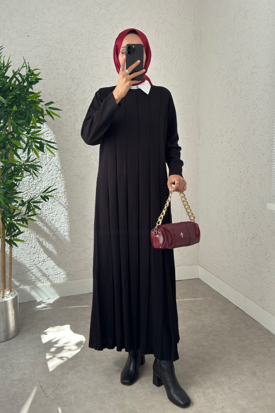 Çizgili Pliseli Triko Elbise 0010 - SİYAH