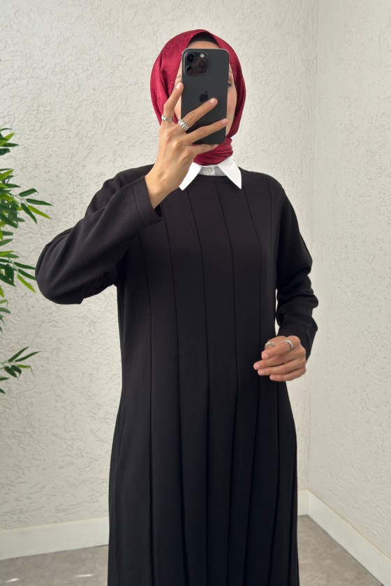 Çizgili Pliseli Triko Elbise 0010 - SİYAH