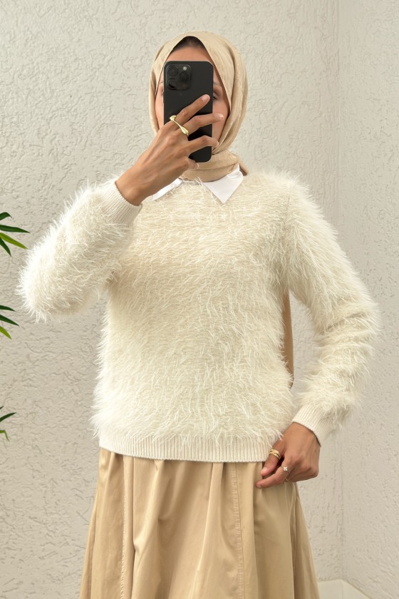 Kayık Yaka Sakallı Triko Kazak 07359 - EKRU