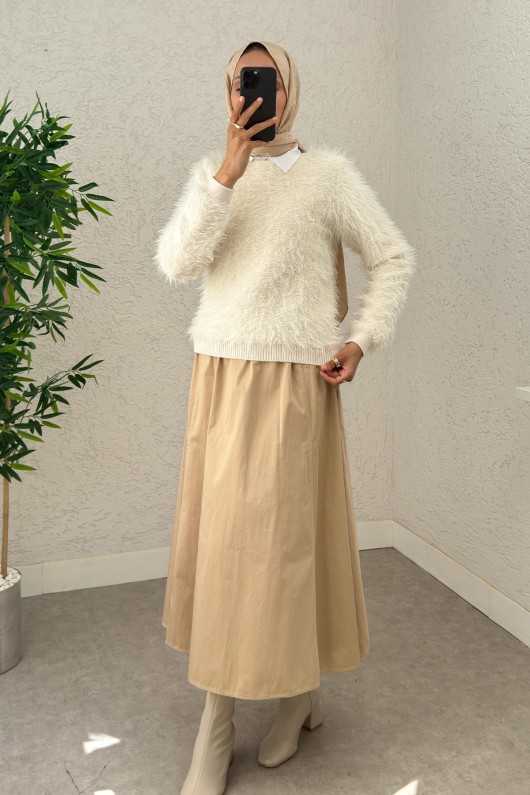 Kayık Yaka Sakallı Triko Kazak 07359 - EKRU Kayık Yaka Sakallı Triko Kazak 07359 - EKRU