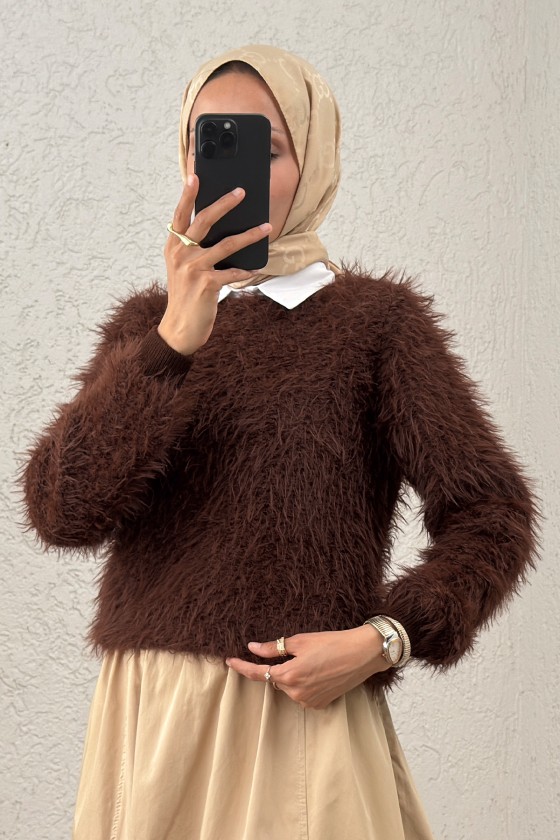 Kayık Yaka Sakallı Triko Kazak 07359 - KAHVERENGİ