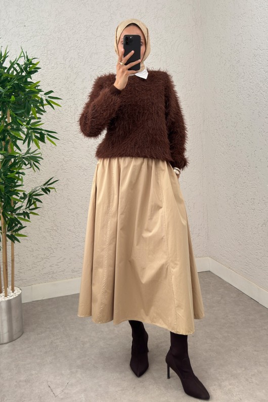 Kayık Yaka Sakallı Triko Kazak 07359 - KAHVERENGİ