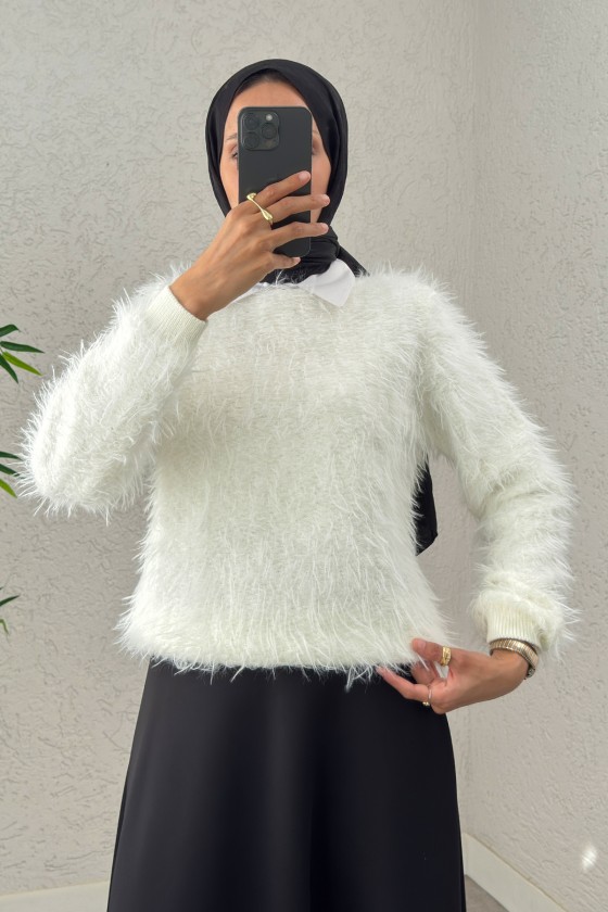 Kayık Yaka Sakallı Triko Kazak 07359 - KREM