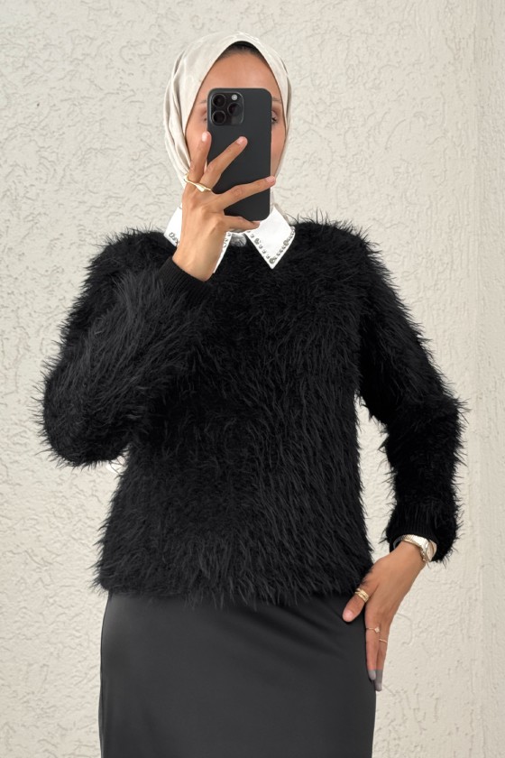 Kayık Yaka Sakallı Triko Kazak 07359 - SİYAH