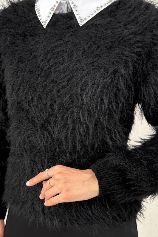 Kayık Yaka Sakallı Triko Kazak 07359 - SİYAH Kayık Yaka Sakallı Triko Kazak 07359 - SİYAH