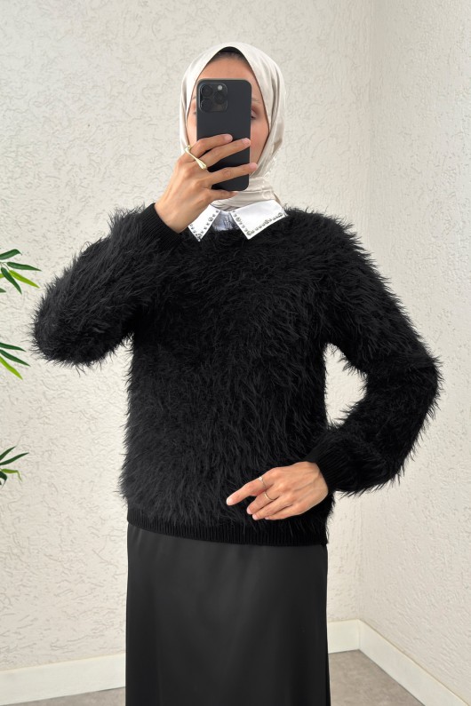 Kayık Yaka Sakallı Triko Kazak 07359 - SİYAH Kayık Yaka Sakallı Triko Kazak 07359 - SİYAH