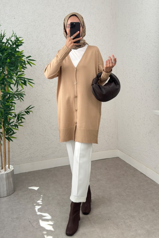 V Yaka Triko Hırka 0140214 - BEJ