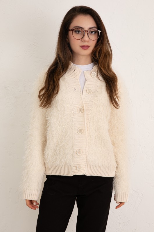 Yumoş Sakallı Triko Hırka 07226 - EKRU