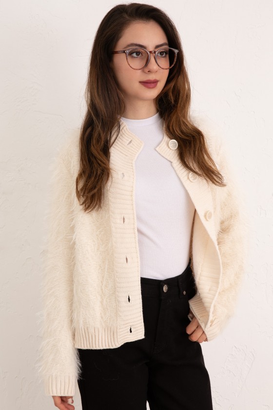 Yumoş Sakallı Triko Hırka 07226 - EKRU