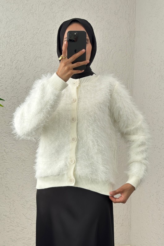 Yumoş Sakallı Triko Hırka 07226 - KREM