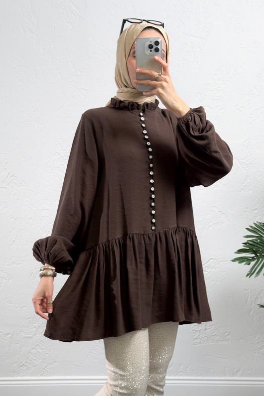 Brit Düğmeli Peplum Tunik Y0082 - KAHVERENGİ Brit Düğmeli Peplum Tunik Y0082 - KAHVERENGİ