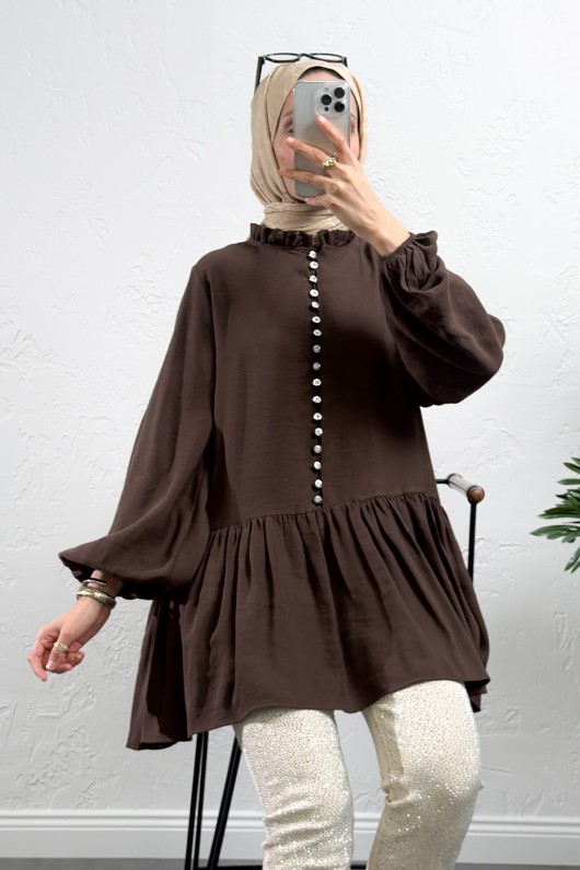 Brit Düğmeli Peplum Tunik Y0082 - KAHVERENGİ Brit Düğmeli Peplum Tunik Y0082 - KAHVERENGİ