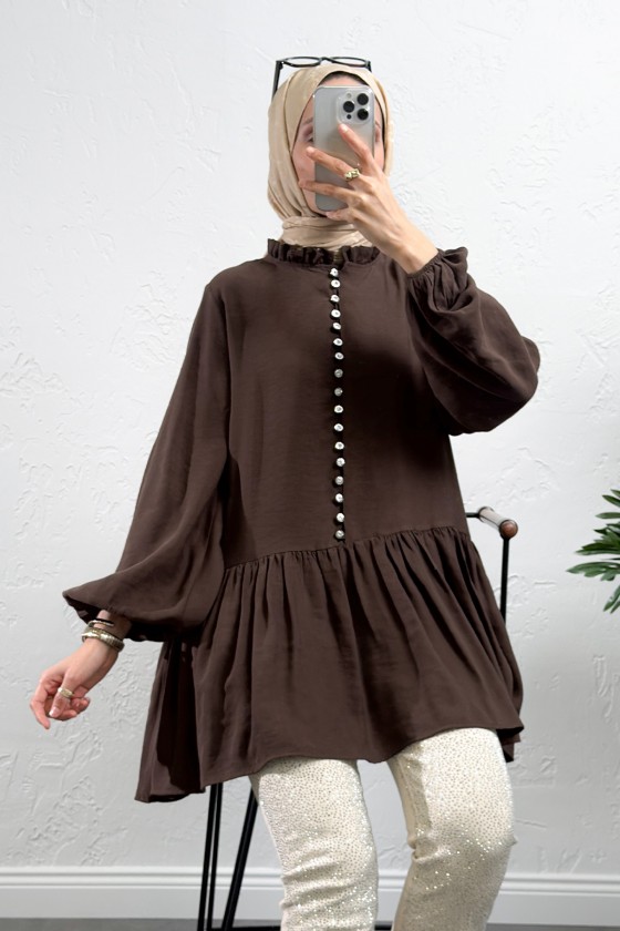 Brit Düğmeli Peplum Tunik Y0082 - KAHVERENGİ Brit Düğmeli Peplum Tunik Y0082 - KAHVERENGİ
