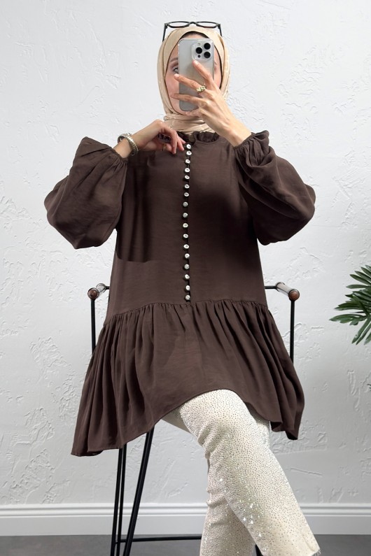 Brit Düğmeli Peplum Tunik Y0082 - KAHVERENGİ Brit Düğmeli Peplum Tunik Y0082 - KAHVERENGİ
