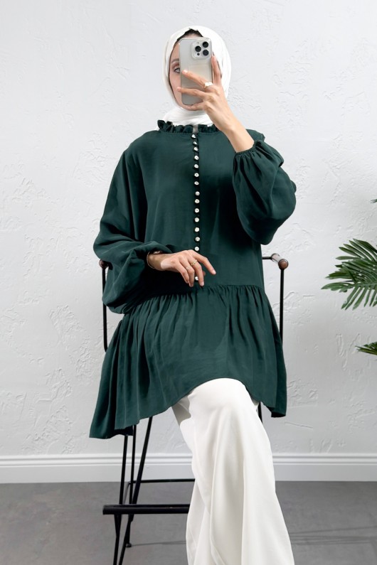 Brit Düğmeli Peplum Tunik Y0082 - ZÜMRÜT YEŞİLİ