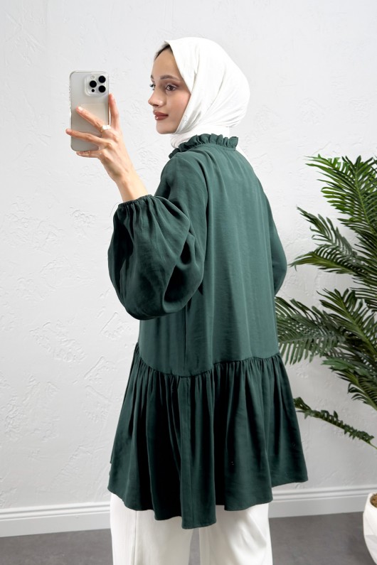 Brit Düğmeli Peplum Tunik Y0082 - ZÜMRÜT YEŞİLİ