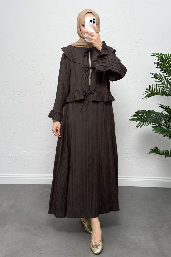 Geniş Yaka Etekli Takım Y0091 - KAHVERENGİ