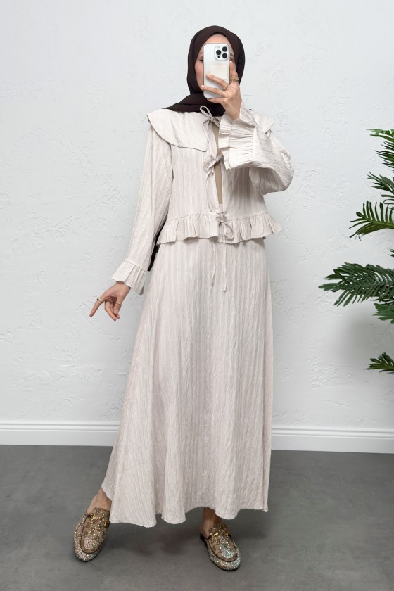 Geniş Yaka Etekli Takım Y0091 - TAŞ RENGİ