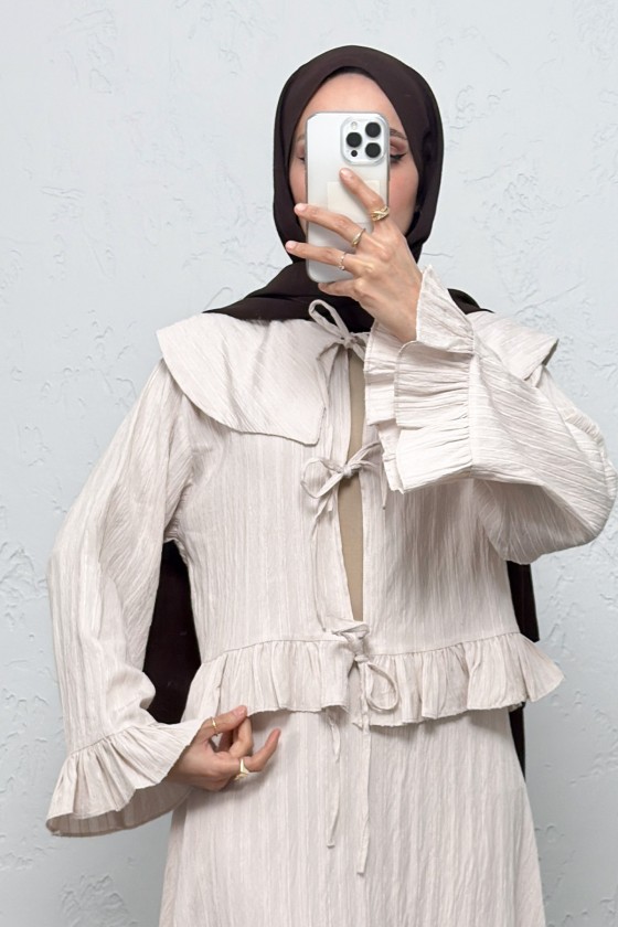 Geniş Yaka Etekli Takım Y0091 - TAŞ RENGİ Geniş Yaka Etekli Takım Y0091 - TAŞ RENGİ