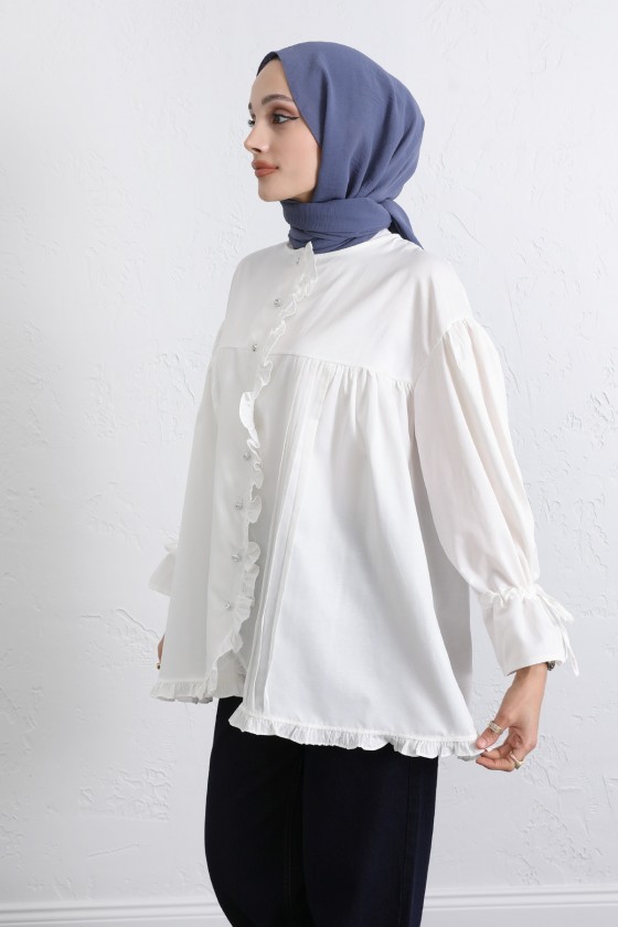 Kol Büzgülü Fırfırlı Gömlek Y0093 - BEYAZ