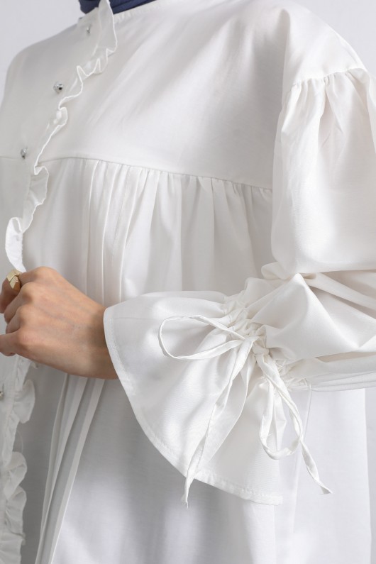 Kol Büzgülü Fırfırlı Gömlek Y0093 - BEYAZ