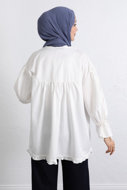 Kol Büzgülü Fırfırlı Gömlek Y0093 - BEYAZ