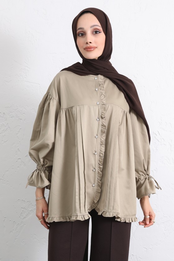 Kol Büzgülü Fırfırlı Gömlek Y0093 - HAKİ