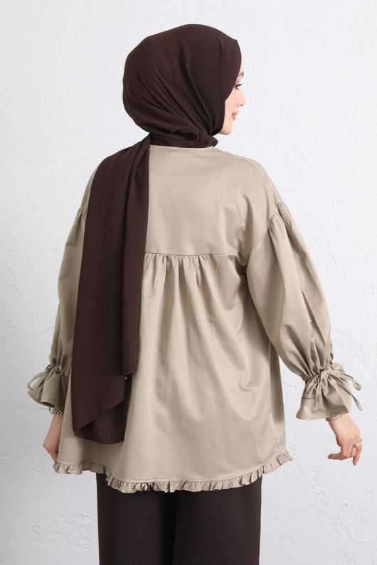 Kol Büzgülü Fırfırlı Gömlek Y0093 - HAKİ