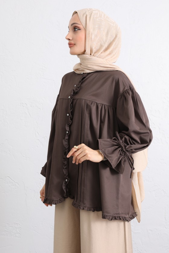 Kol Büzgülü Fırfırlı Gömlek Y0093 - KAHVERENGİ