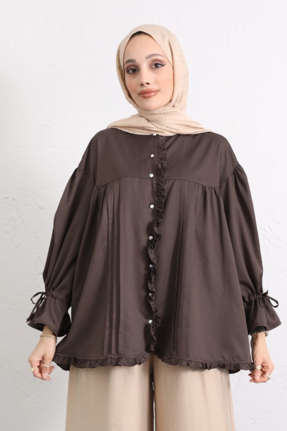 Kol Büzgülü Fırfırlı Gömlek Y0093 - KAHVERENGİ