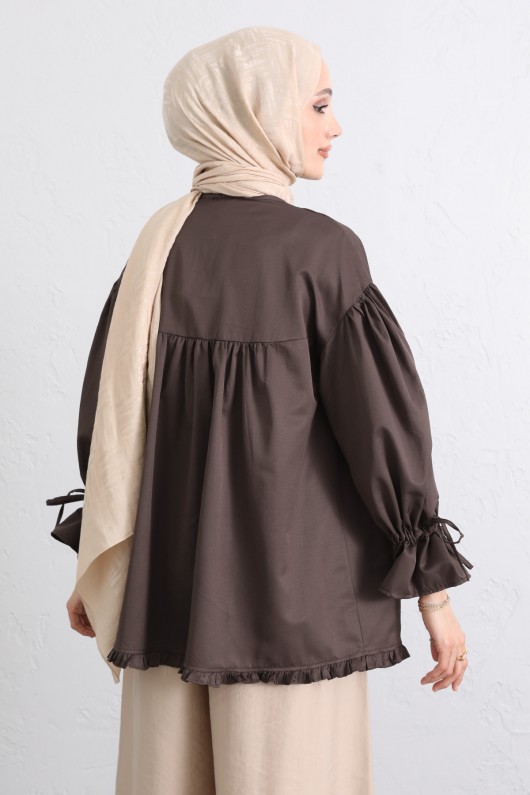Kol Büzgülü Fırfırlı Gömlek Y0093 - KAHVERENGİ