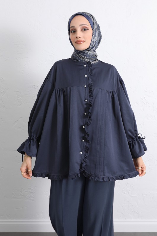 Kol Büzgülü Fırfırlı Gömlek Y0093 - LACİVERT Kol Büzgülü Fırfırlı Gömlek Y0093 - LACİVERT