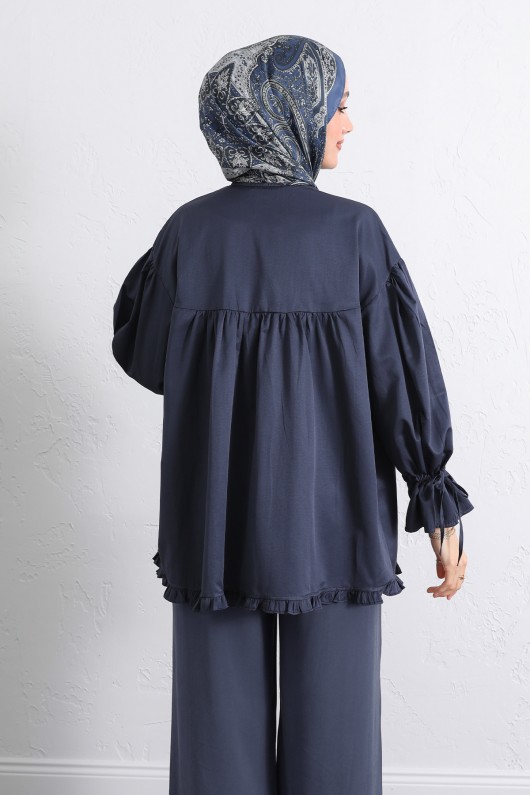 Kol Büzgülü Fırfırlı Gömlek Y0093 - LACİVERT Kol Büzgülü Fırfırlı Gömlek Y0093 - LACİVERT