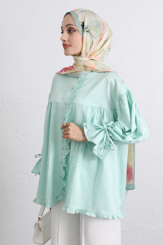 Kol Büzgülü Fırfırlı Gömlek Y0093 - MİNT YEŞİLİ