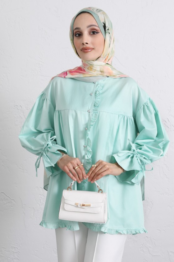 Kol Büzgülü Fırfırlı Gömlek Y0093 - MİNT YEŞİLİ