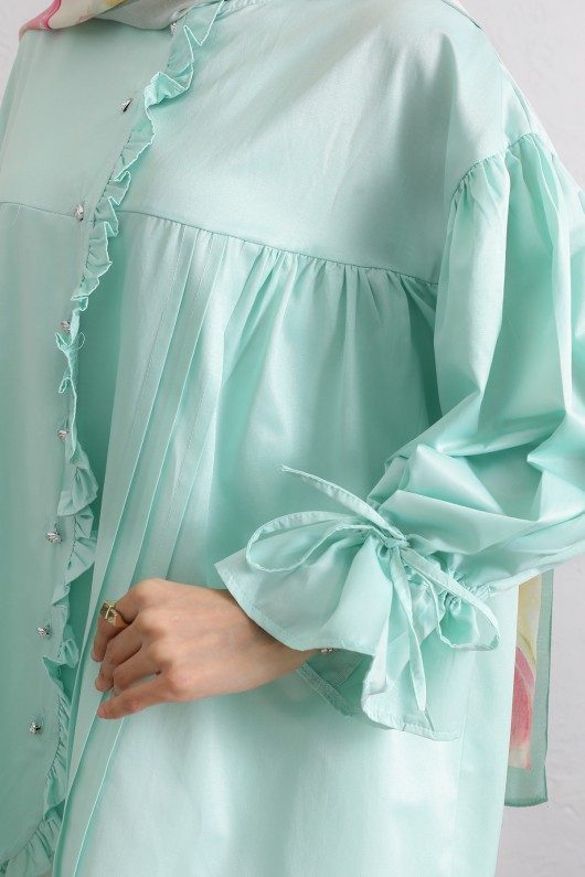 Kol Büzgülü Fırfırlı Gömlek Y0093 - MİNT YEŞİLİ