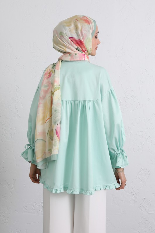 Kol Büzgülü Fırfırlı Gömlek Y0093 - MİNT YEŞİLİ