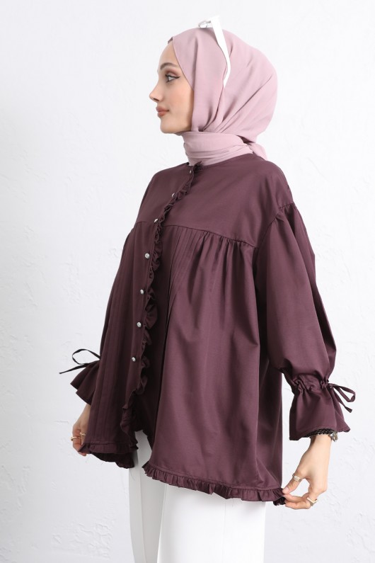 Kol Büzgülü Fırfırlı Gömlek Y0093 - MÜRDÜM