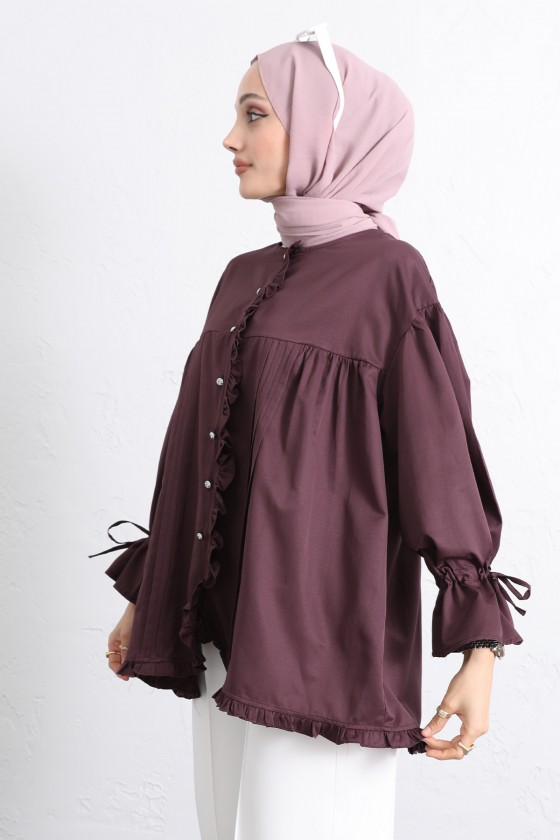 Kol Büzgülü Fırfırlı Gömlek Y0093 - MÜRDÜM