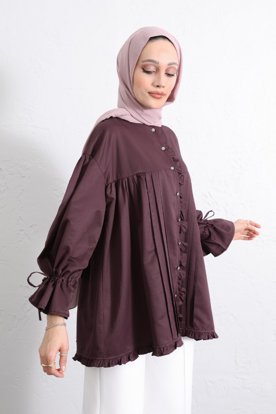 Kol Büzgülü Fırfırlı Gömlek Y0093 - MÜRDÜM