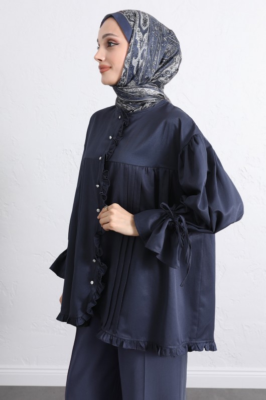 Kol Büzgülü Fırfırlı Gömlek Y0093 - LACİVERT Kol Büzgülü Fırfırlı Gömlek Y0093 - LACİVERT