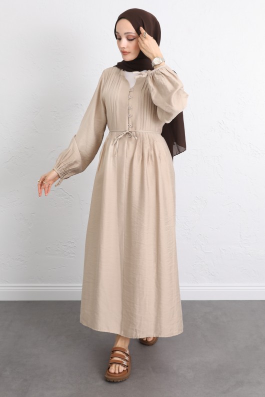 Önü Nervürlü Elbise Y0094 - BEJ