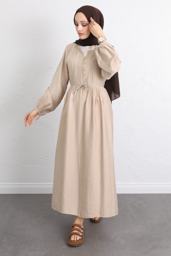 Önü Nervürlü Elbise Y0094 - BEJ